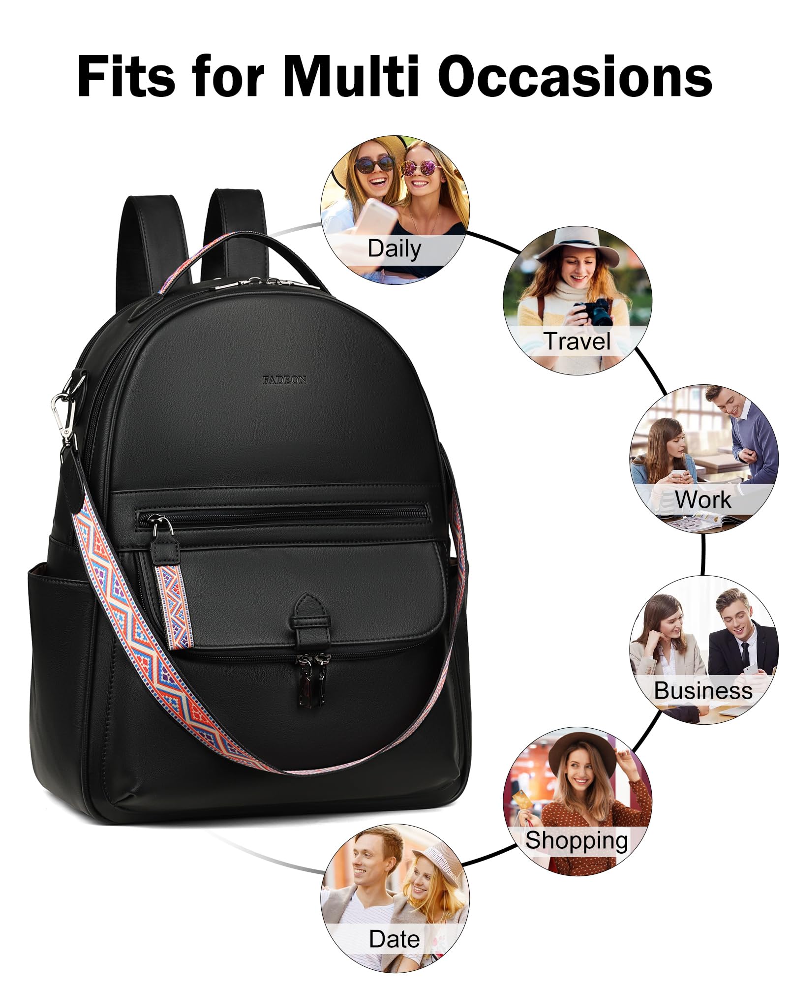 FADEON Leather Laptop Backpack for Women PU Computer Backpacks, Designer Travel Back Pack Purse with Laptop Compartment Black