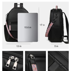 FADEON Leather Laptop Backpack for Women PU Computer Backpacks, Designer Travel Back Pack Purse with Laptop Compartment Black