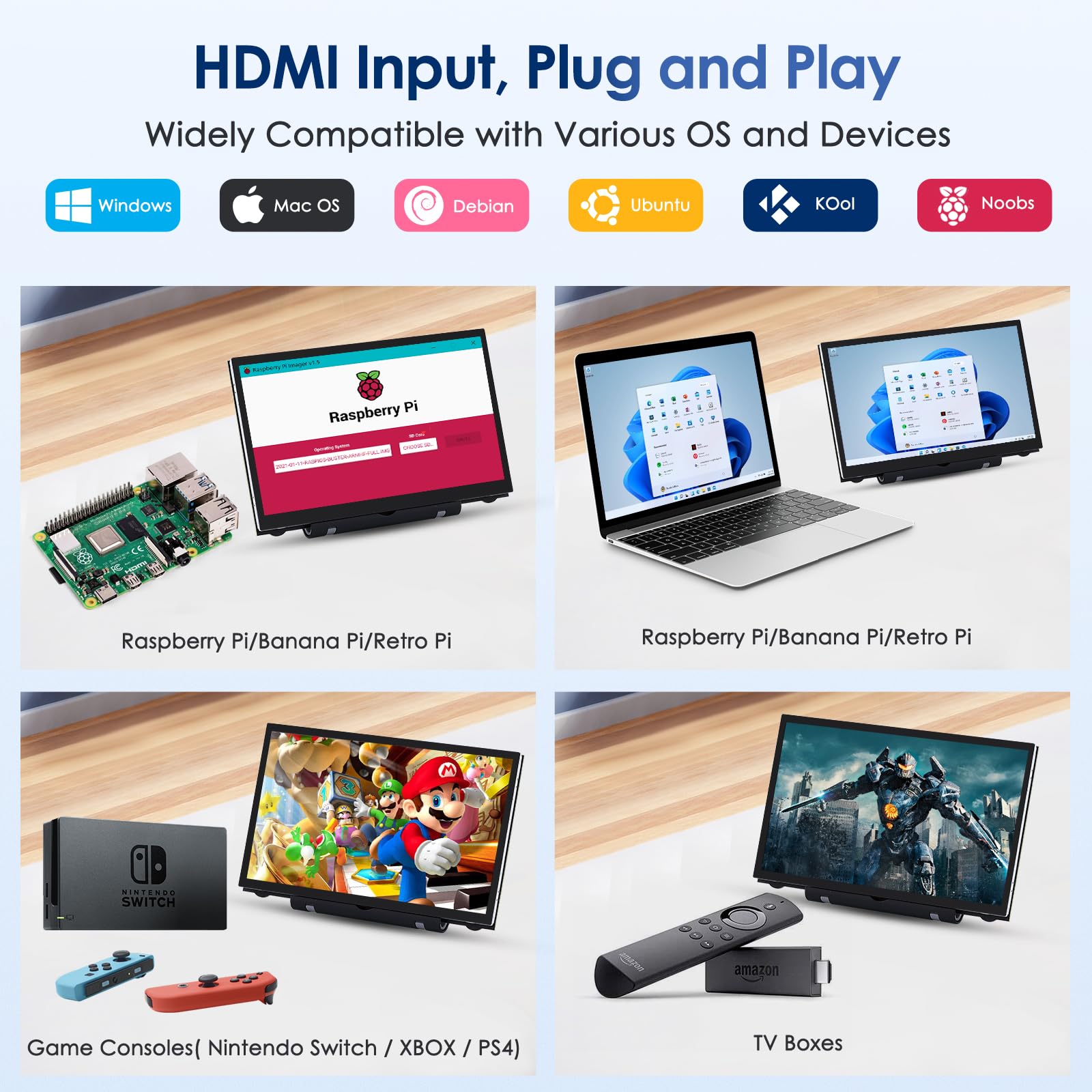 HMTECH 7'' Raspberry Pi Screen, 800x480 HDMI Small Monitor with Dual-Speaker, LCD Screen Display for Raspberry Pi 4/3/2/Zero/B/B+ Win11/10/8/7 (Non-Touch)