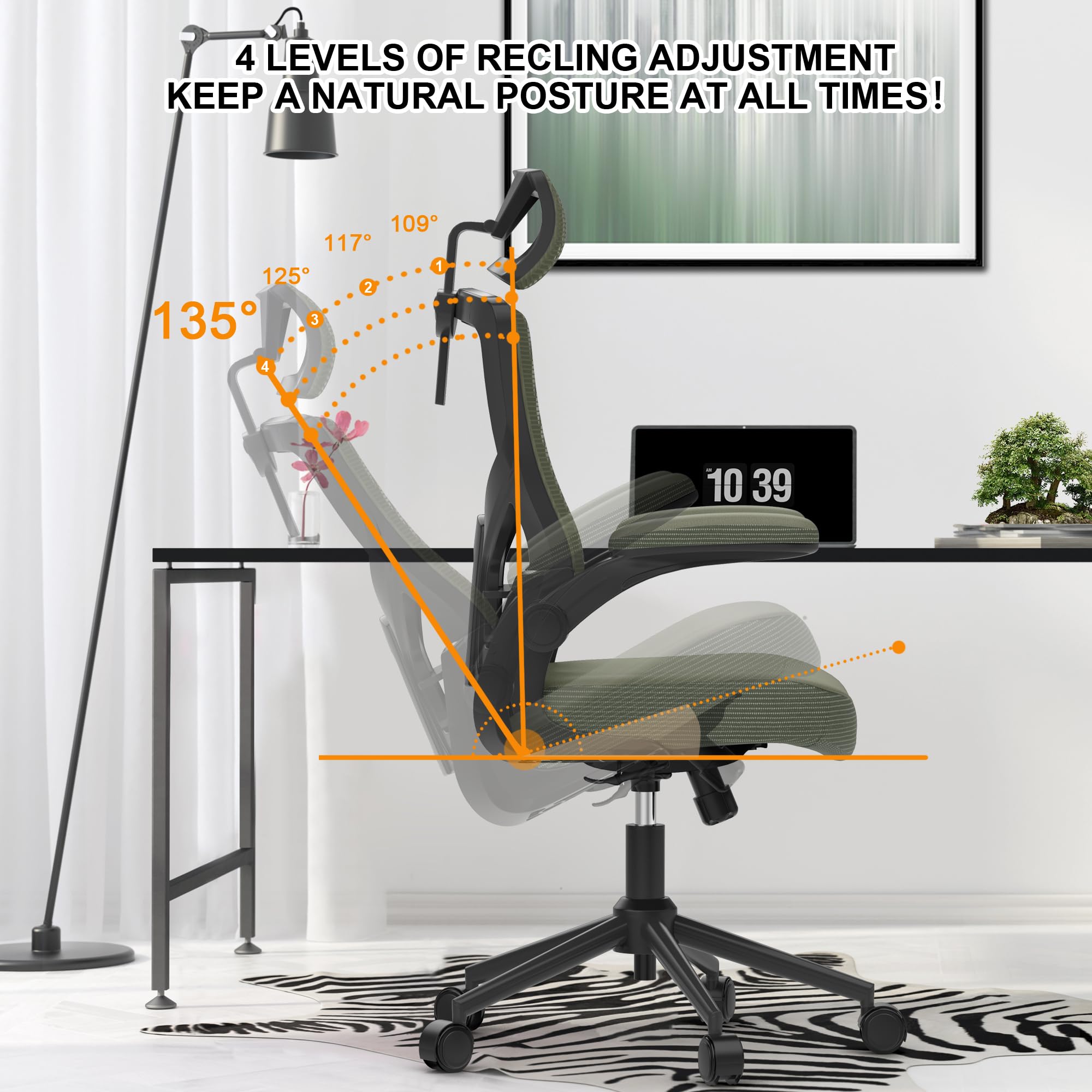 𝑯𝑶𝑴𝑬 𝑶𝑭𝑭𝑰𝑪𝑬 𝑪𝑯𝑨𝑰𝑹, Ergonomic Mesh Desk Chair, High Back Computer Chair- Adjustable Headrest with Flip-Up Arms, Lumbar Support, Swivel Executive Task Chair (Hunter Green, Modern)