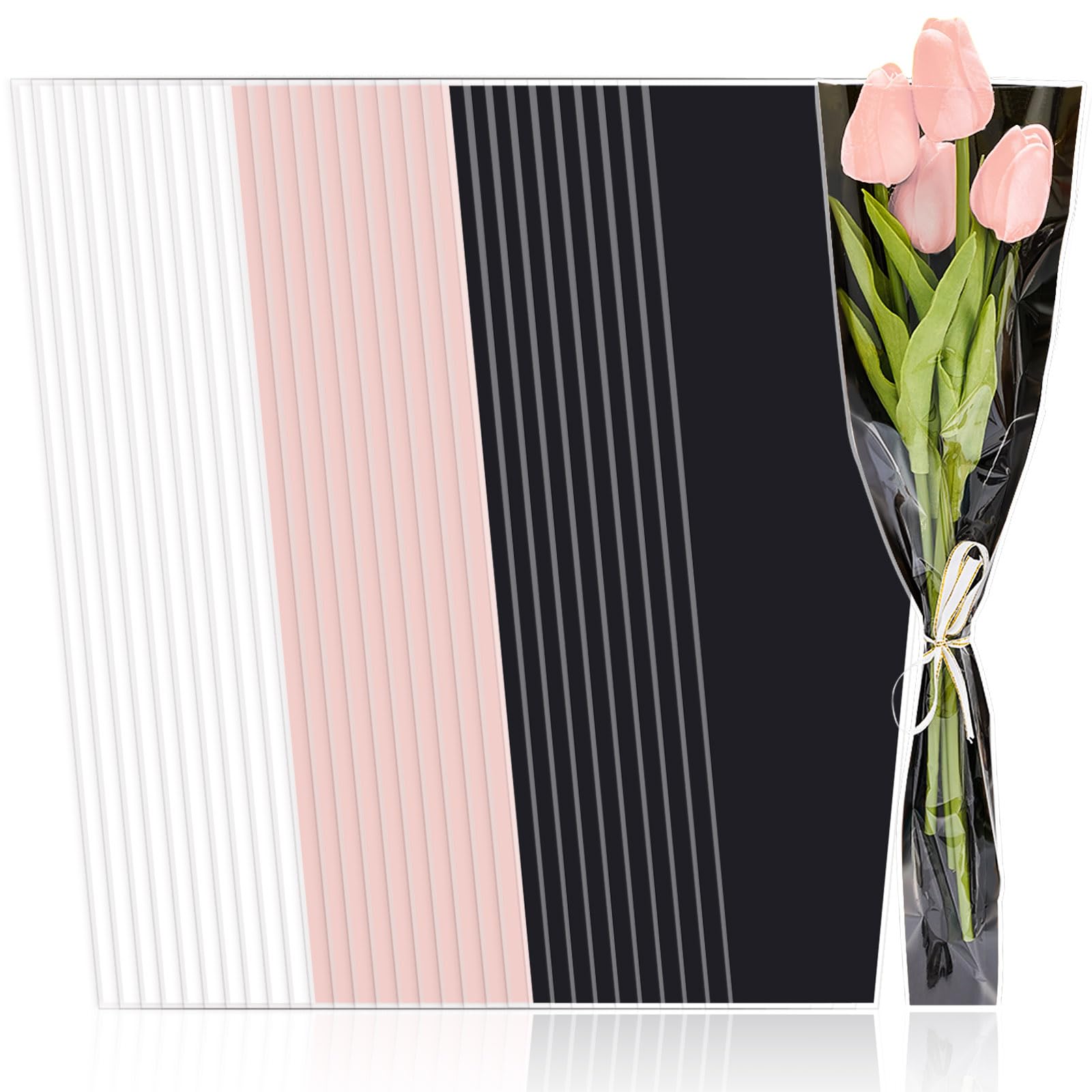 Whaline 150 Pieces Single Rose Sleeve White Pink Black Single Flower Wrapping Bags Plastic Single Flower Packaging Cellophane Sleeves for Wedding Birthday Mother's Day Valentine's Day, 3 Colors