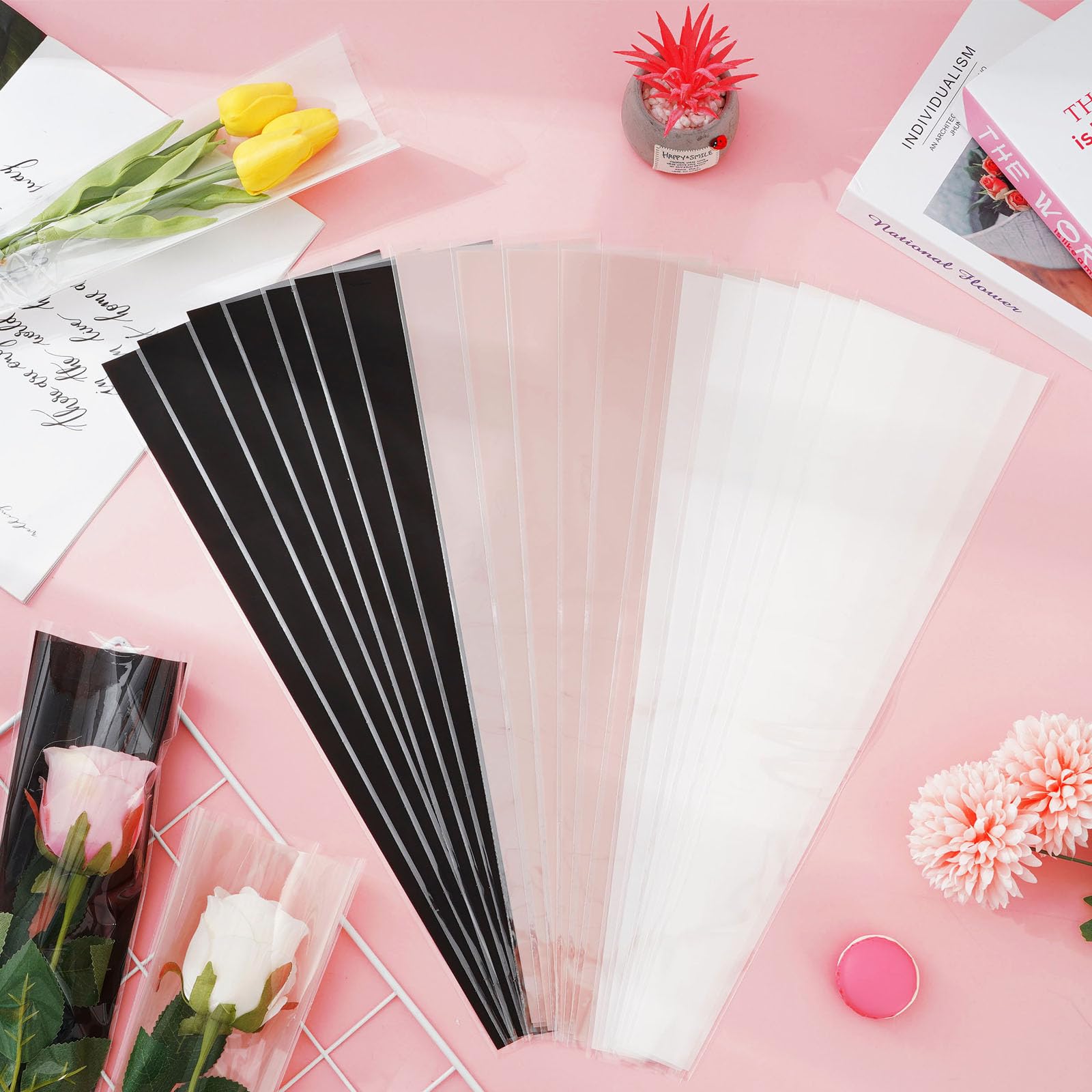 Whaline 150 Pieces Single Rose Sleeve White Pink Black Single Flower Wrapping Bags Plastic Single Flower Packaging Cellophane Sleeves for Wedding Birthday Mother's Day Valentine's Day, 3 Colors