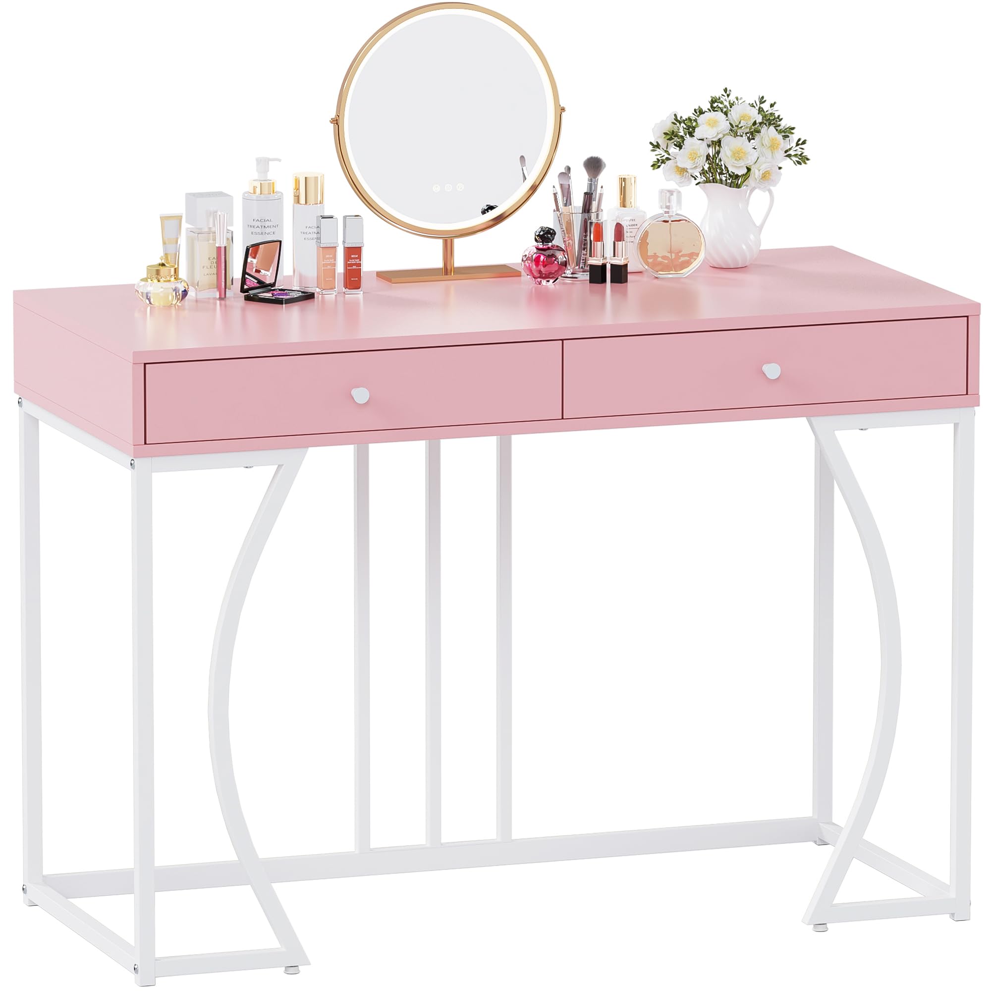 Weehom Vanity Desk with Drawers - Modern Makeup Desk for Bedroom, Dressing Table with Storage, or Small Home Office Computer Desk, Pink and White