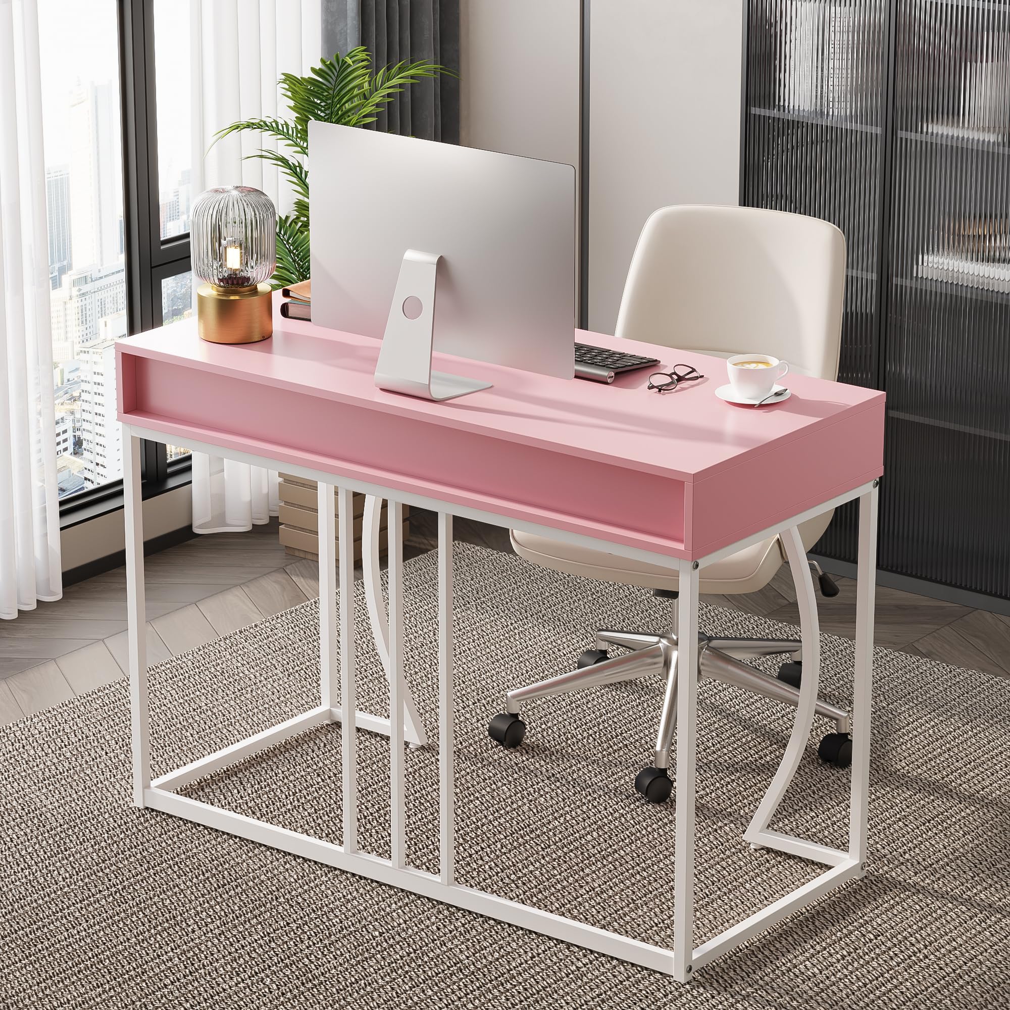 Weehom Vanity Desk with Drawers - Modern Makeup Desk for Bedroom, Dressing Table with Storage, or Small Home Office Computer Desk, Pink and White