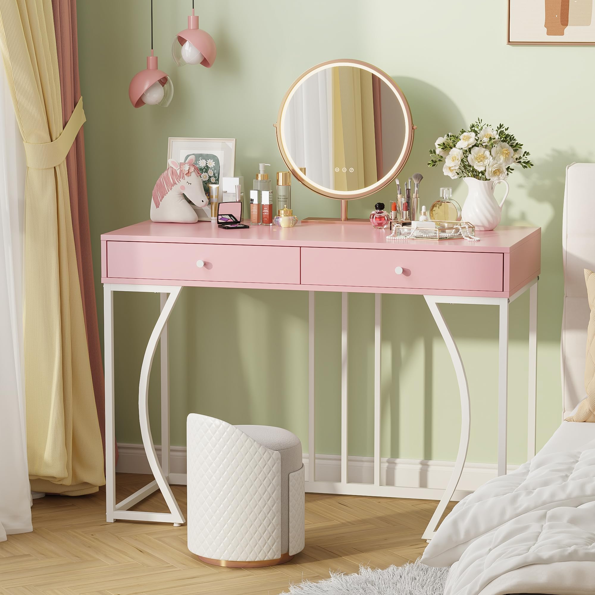 Weehom Vanity Desk with Drawers - Modern Makeup Desk for Bedroom, Dressing Table with Storage, or Small Home Office Computer Desk, Pink and White