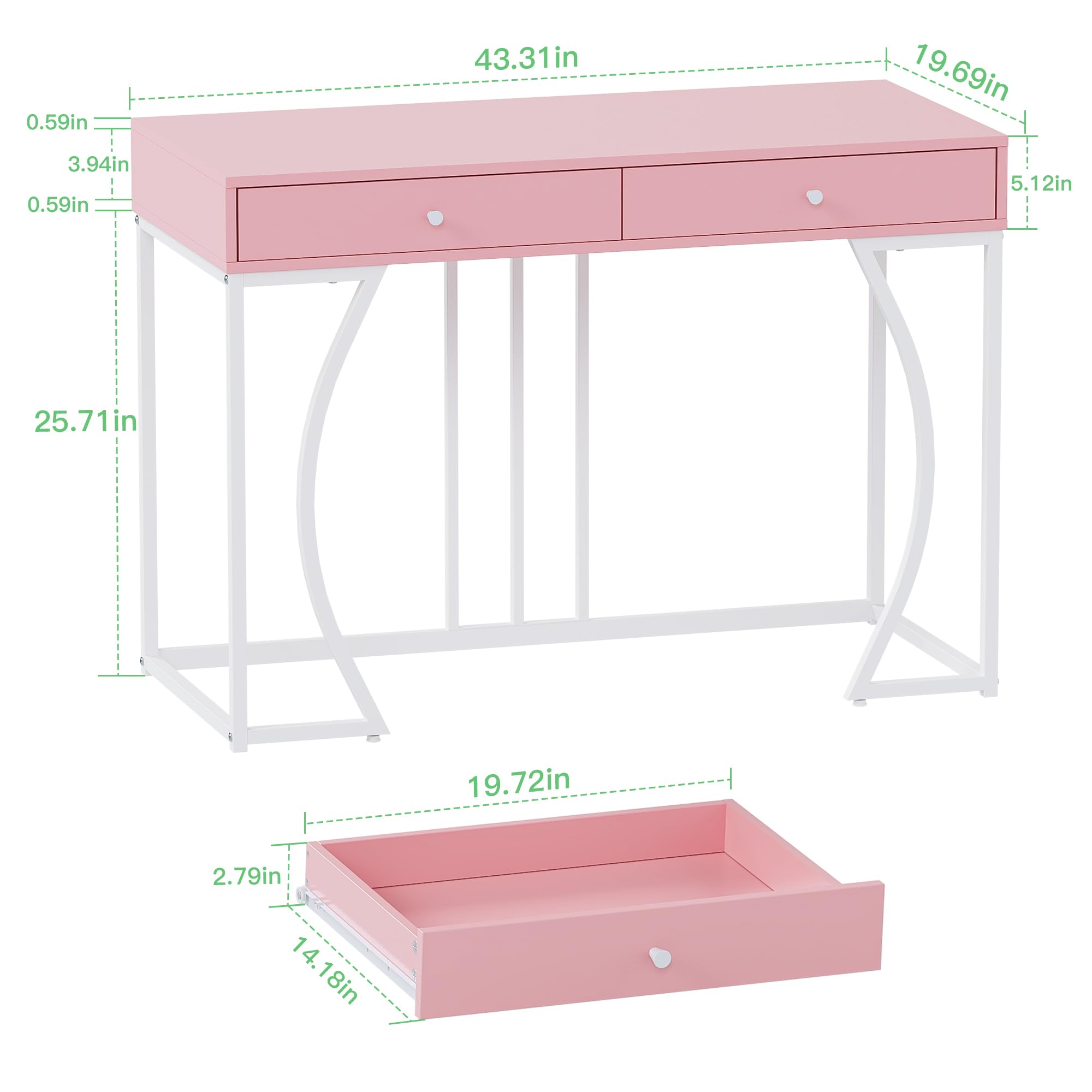 Weehom Vanity Desk with Drawers - Modern Makeup Desk for Bedroom, Dressing Table with Storage, or Small Home Office Computer Desk, Pink and White