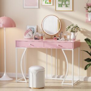 Weehom Vanity Desk with Drawers - Modern Makeup Desk for Bedroom, Dressing Table with Storage, or Small Home Office Computer Desk, Pink and White