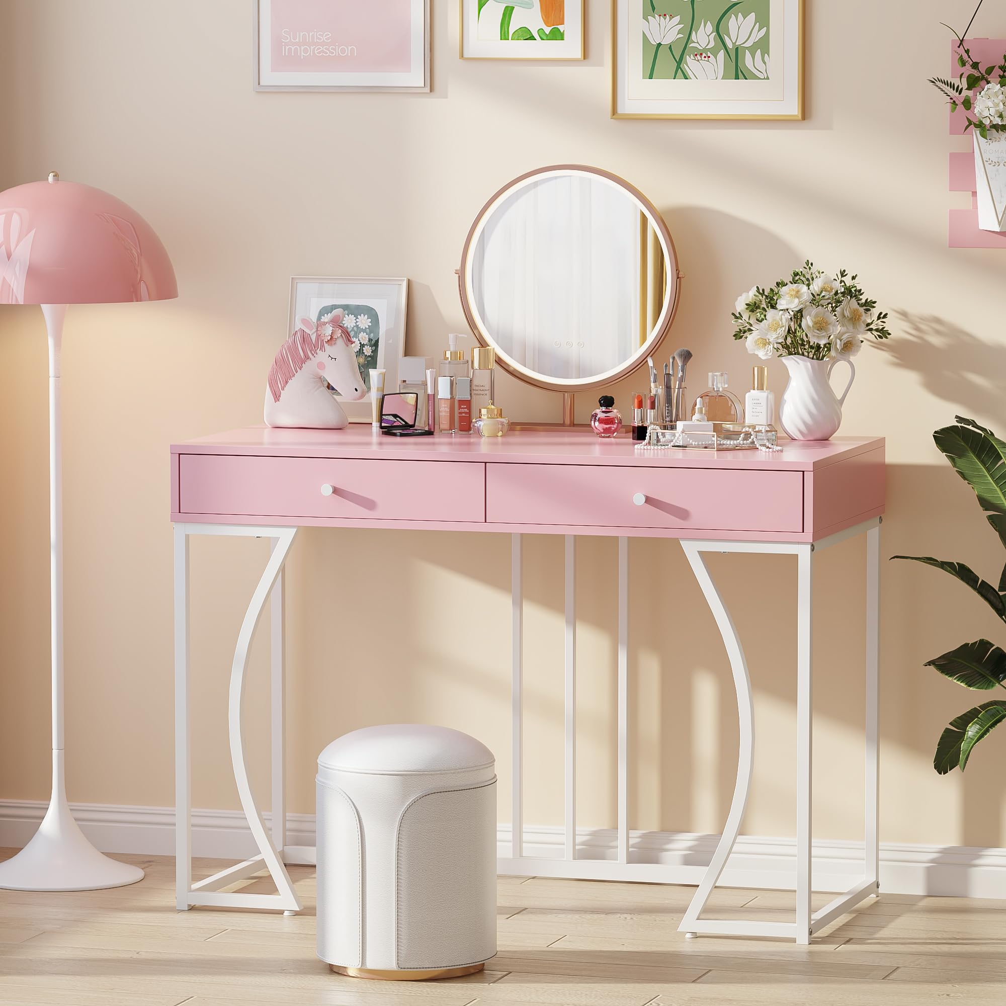 Weehom Vanity Desk with Drawers - Modern Makeup Desk for Bedroom, Dressing Table with Storage, or Small Home Office Computer Desk, Pink and White