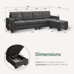 HONBAY Convertible Sectional Sofa L Shaped Couch with Storage Ottoman 4 Seat Sectional Sofa with Reversible Chaise, Dark Grey