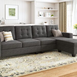 HONBAY Convertible Sectional Sofa L Shaped Couch with Storage Ottoman 4 Seat Sectional Sofa with Reversible Chaise, Dark Grey