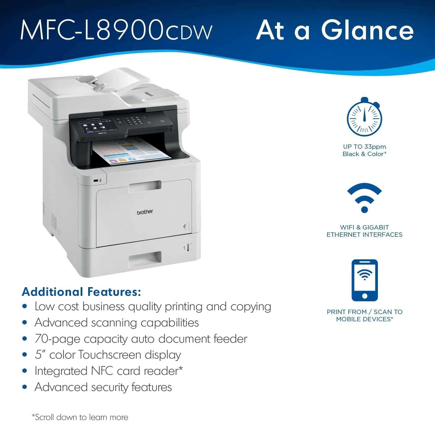 Brother MFC-L8900CDW Wireless All-in-One Color Laser Printer for Office - 4-in-1 Print Copy Scan Fax - 5" Touchscreen LCD Display, 33 ppm, 70-Sheet ADF, 2400 x 600 dpi, Duplex Printing