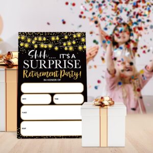 UDNADKEX Retirement Party Invitations for Women Men with Envelopes, Invites for Retired Surprise Party Black Gold, String Lights Glitter Elegant, 4"x6" Set of 20