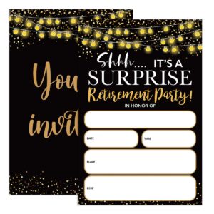 udnadkex retirement party invitations for women men with envelopes, invites for retired surprise party black gold, string lights glitter elegant, 4"x6" set of 20