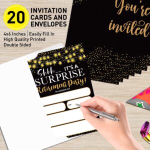 UDNADKEX Retirement Party Invitations for Women Men with Envelopes, Invites for Retired Surprise Party Black Gold, String Lights Glitter Elegant, 4"x6" Set of 20