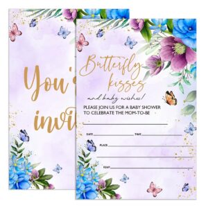 udnadkex baby shower invitations for girl lavender floral with envelopes, invites for baby showers party butterfly, butterfly kisses, 4"x6" set of 20