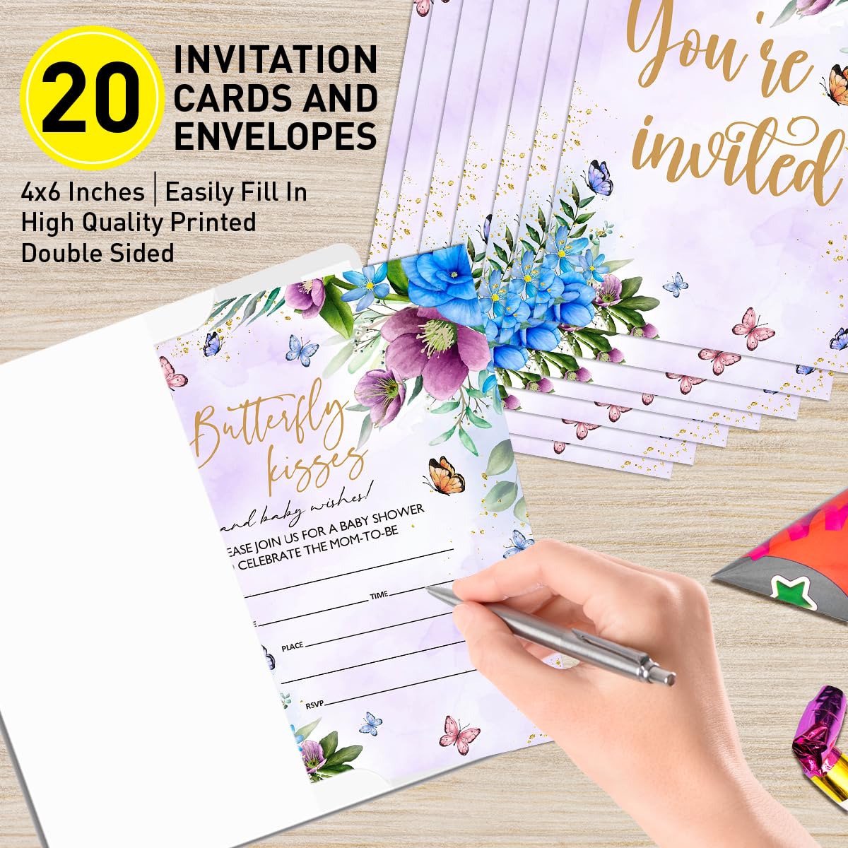 UDNADKEX Baby Shower Invitations for Girl Lavender Floral with Envelopes, Invites for Baby Showers Party Butterfly, Butterfly Kisses, 4"x6" Set of 20