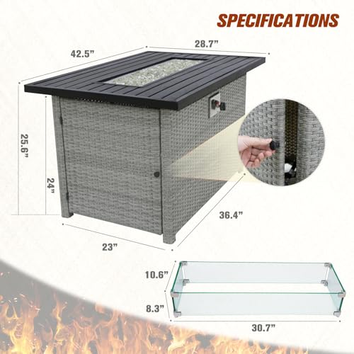 EAGLE PEAK 42 Inch Outdoor Propane Gas Fire Pit Table, 50,000 BTU Auto-Ignition Rectangular Gas Fire Pit with Glass Wind Guard, Gray PE Rattan