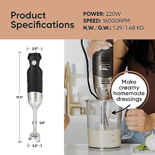 TK Tartle Kitchen Handheld Immersion Blender for Kitchen and Soap Making - Blend Food, Soups, Fillings, 7” Stainless Steel with Variable Speed - with Cord for Electric Hand Blending