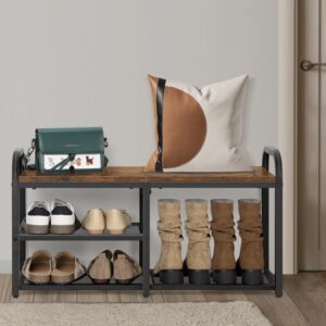 norceesan 3-tier free standing shoe rack bench with mesh shelves and wooden top board, brown