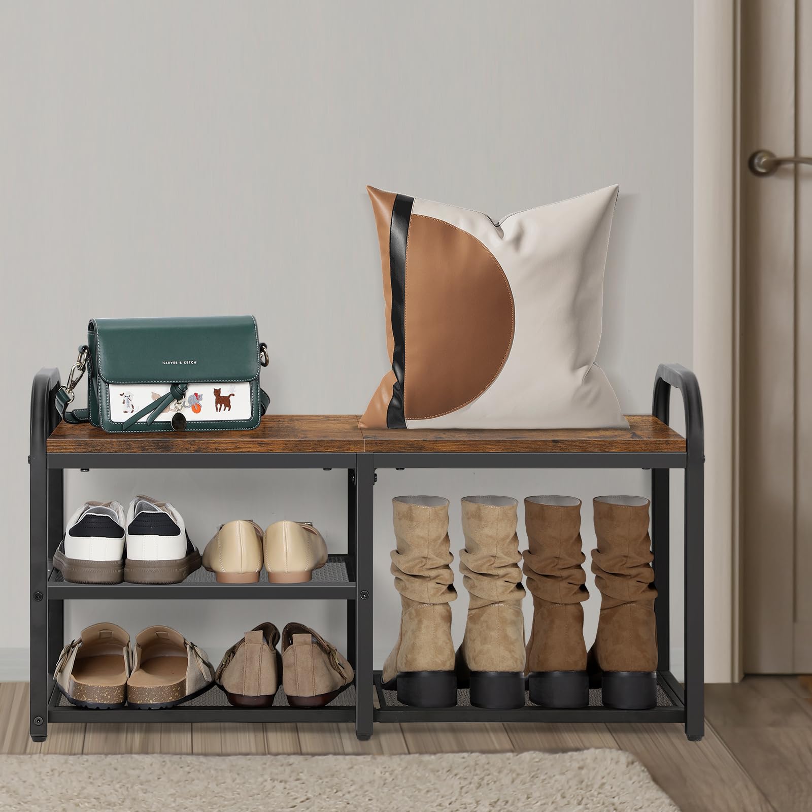 NORCEESAN 3-Tier Free Standing Shoe Rack Bench with Mesh Shelves and Wooden Top Board, Brown