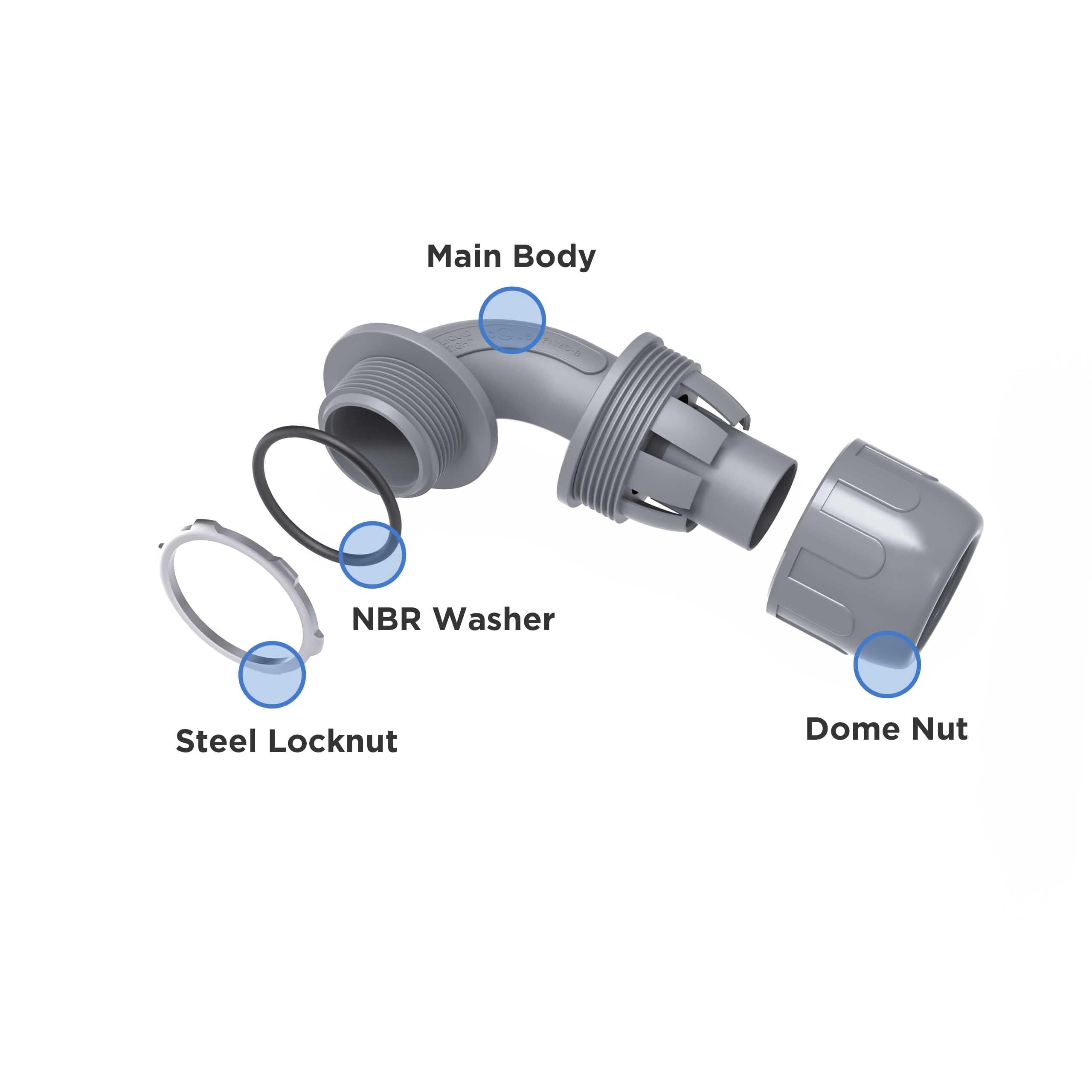 1/2-Inch Liquid Tight Connector 90-Degree, for PVC Electrical Flexible Conduit Fittings NPT Non-Metallic Connectors, for Home Outdoor Tubes Tools, UL Listed, Grey, 140-Pack