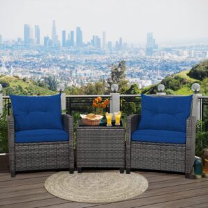 RELAX4LIFE Wicker Patio Furniture Sets - 3 Pieces Patio Rattan Sofa Set, Outdoor Conversation Set with Tempered Glass Tabletop, Heavy-Duty Steel Frame, Wicker Chair Set for Poolside, Backyard, Navy