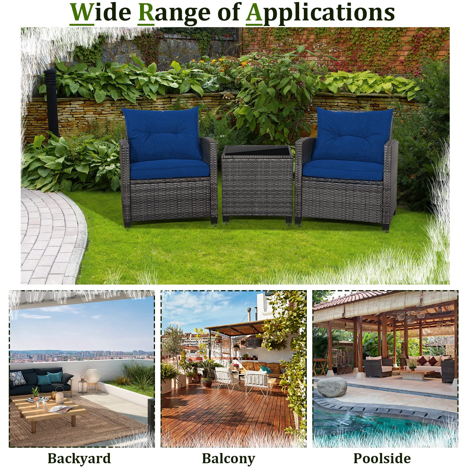 RELAX4LIFE Wicker Patio Furniture Sets - 3 Pieces Patio Rattan Sofa Set, Outdoor Conversation Set with Tempered Glass Tabletop, Heavy-Duty Steel Frame, Wicker Chair Set for Poolside, Backyard, Navy