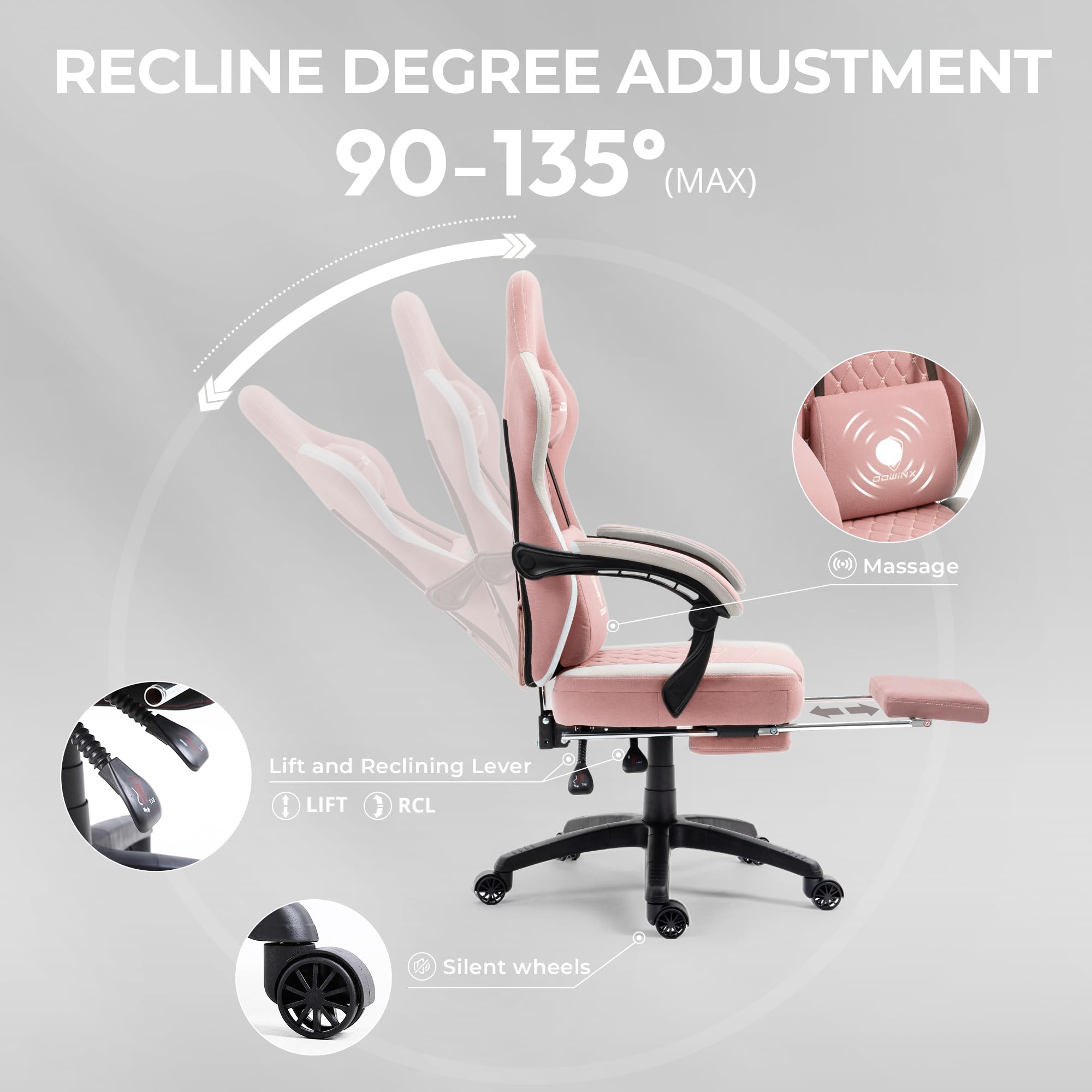 Dowinx Gaming Chair Breathable Fabric Computer Chair with Pocket Spring Cushion, Comfortable Office Chair with Gel Pad and Storage Bag,Massage Game Chair with Footrest,Pink