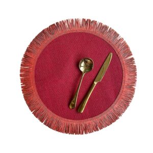 6pcs/set round jute placemat linen cup mats tassels table mat decoration kitchen heat insulation non-slip mat photography prop (red)