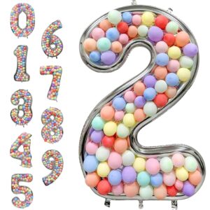 101Pcs Big Number Balloons Frame Set Including 1Pcs 65 Inch Silver Mylar Number Balloon Frame 100Pcs Macaron Balloons Ideal for Birthday Party Celebration Anniversary Wedding Backdrop Decor (number 2)