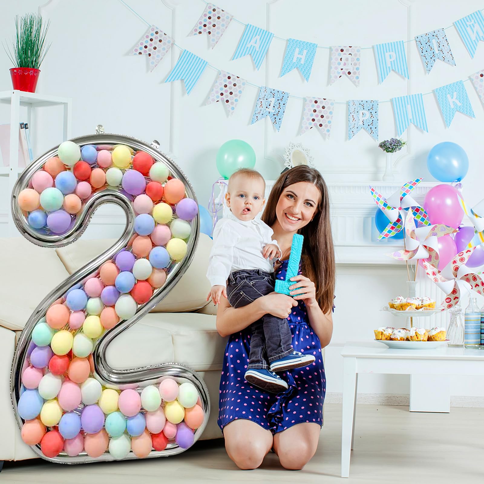 101Pcs Big Number Balloons Frame Set Including 1Pcs 65 Inch Silver Mylar Number Balloon Frame 100Pcs Macaron Balloons Ideal for Birthday Party Celebration Anniversary Wedding Backdrop Decor (number 2)