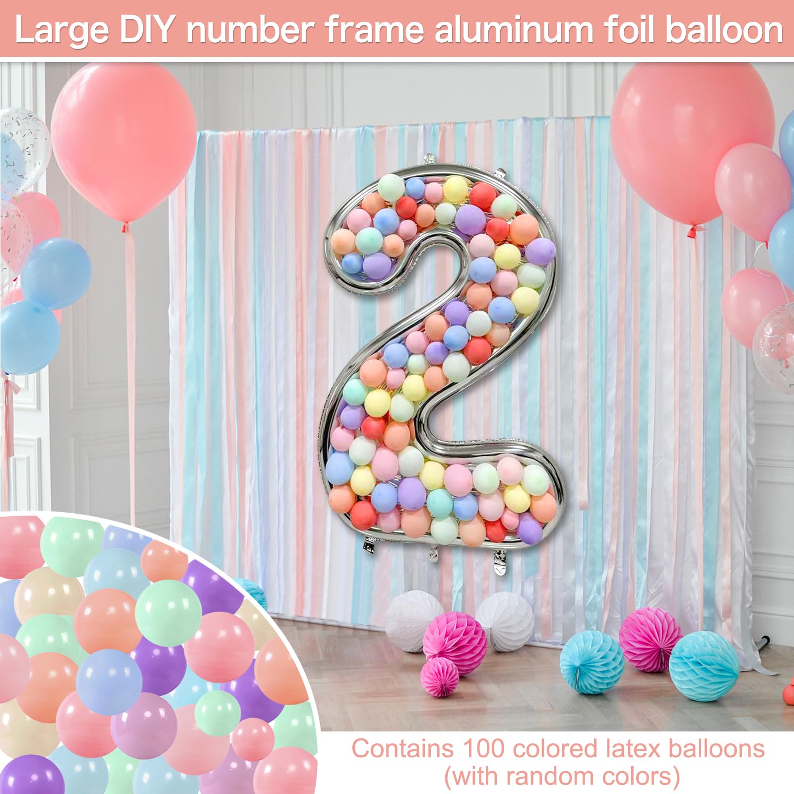 101Pcs Big Number Balloons Frame Set Including 1Pcs 65 Inch Silver Mylar Number Balloon Frame 100Pcs Macaron Balloons Ideal for Birthday Party Celebration Anniversary Wedding Backdrop Decor (number 2)