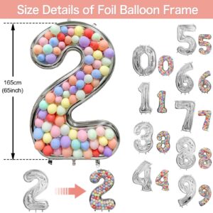 101Pcs Big Number Balloons Frame Set Including 1Pcs 65 Inch Silver Mylar Number Balloon Frame 100Pcs Macaron Balloons Ideal for Birthday Party Celebration Anniversary Wedding Backdrop Decor (number 2)