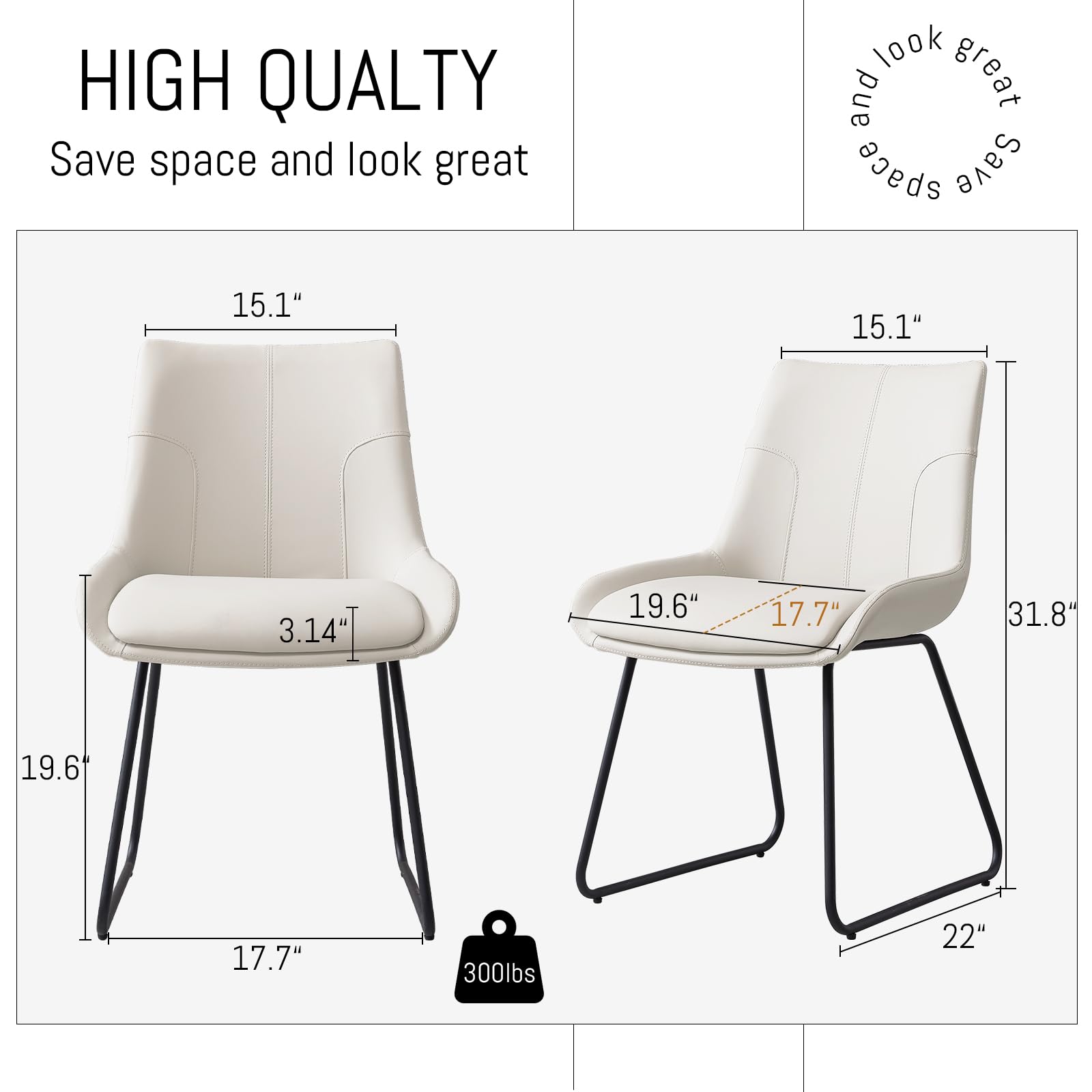 HIPIHOM Dining Chair Set of 2, Modern Kitchen Faux Leather Dining Room Chair for Kitchen Living Dining Room (2 Off-white with Black Legs)