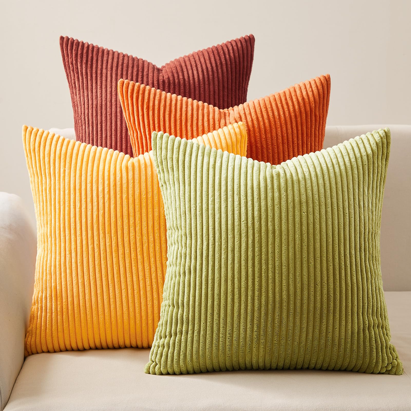 Topfinel Fall Burnt Orange Decorative Throw Pillows Covers 18x18 Inch Set of 4,Yellow Green Gradient Series Corduroy Striped Square Pillow Case,Western Modern Cushion Cover for Couch Sofa Bedroom