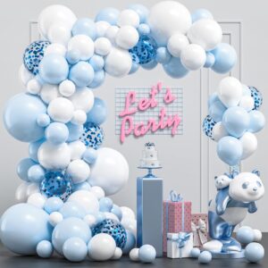 blue and white balloons garland arch kit, 124 pcs 18/12/10/5 inch light blue balloons matte white latex balloons, pastel baby blue balloons with blue confetti balloons for birthday party decoration