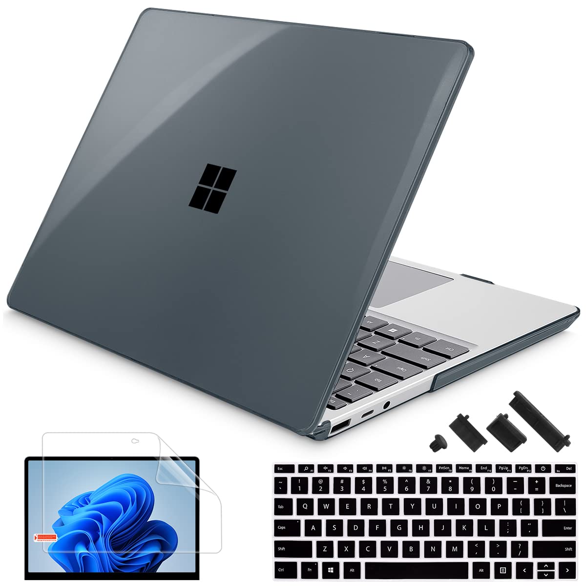 Mektron Designed 15" Microsoft Surface Laptop 3/4/5 Case 2019/2021/2022 Models:1872/1873/1953/1979 Laptop Cover,Plastic Hard Shell with Screen Protector + Keyboard Cover + Dust Plugs,Crystal Black