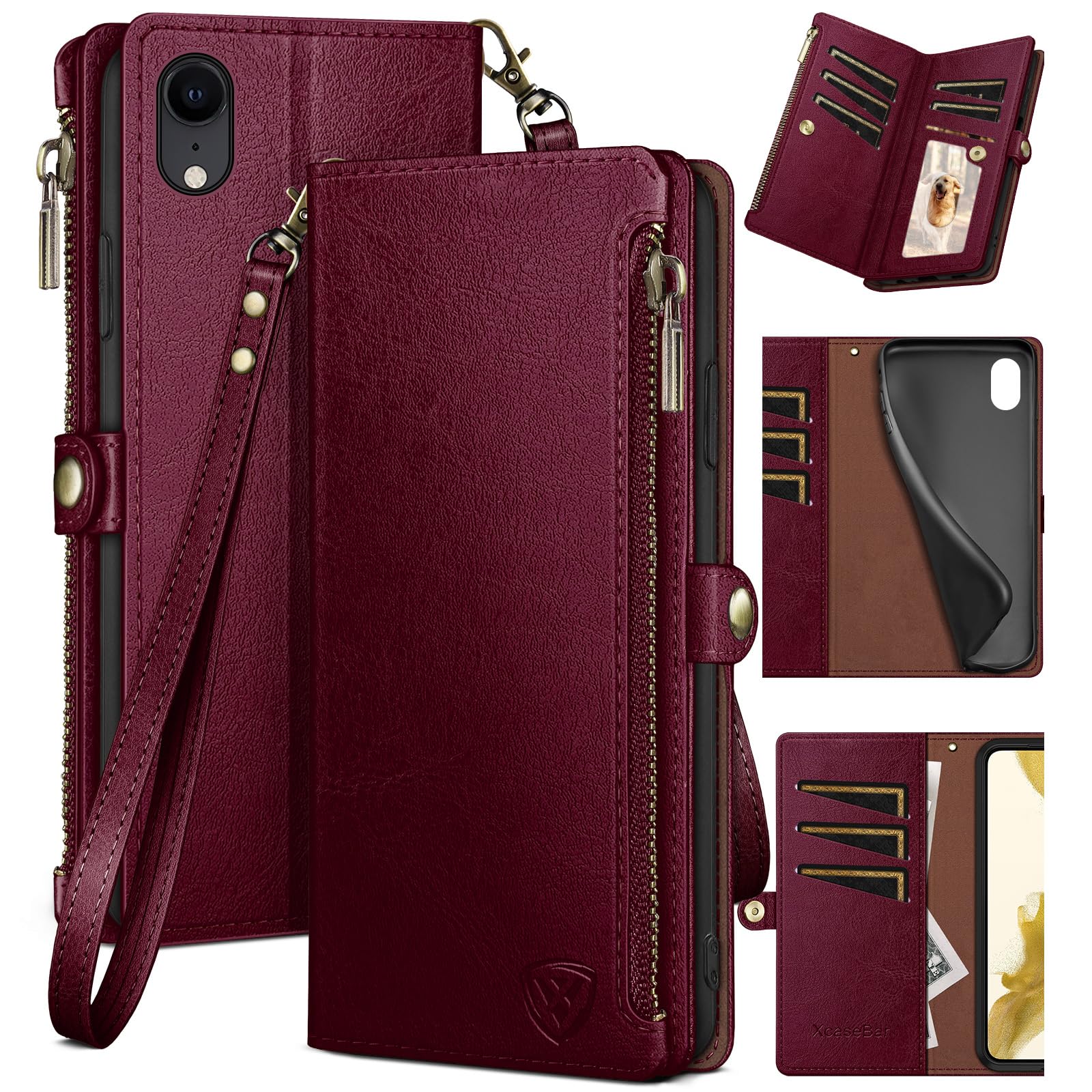 XcaseBar for iPhone XR 6.1" Wallet case with 【RFID Blocking】 Zipper Credit Card Holder, Flip Folio Book PU Leather Phone case Shockproof Cover Women Men for Apple XR case Wine Red