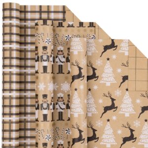 lezakaa christmas kraft wrapping paper - mini roll - nutcracker/reindeer/grid in black and white for holiday gift wrap, arts crafts - 17 x 120 inches - 3 rolls (42.5 sq.ft.ttl.)