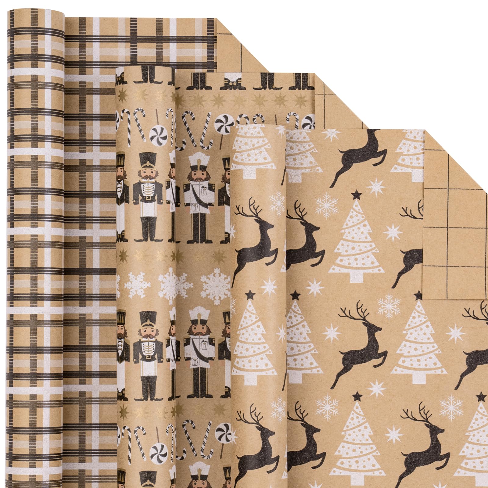 LeZakaa Christmas Kraft Wrapping Paper - Mini Roll - Nutcracker/Reindeer/Grid in Black and White for Holiday Gift Wrap, Arts Crafts - 17 x 120 inches - 3 Rolls (42.5 sq.ft.ttl.)