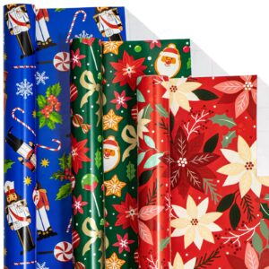 lezakaa christmas wrapping paper roll - min roll - nutcracker/berry flower/santa claus in blue, red and green for gift wrap, diy craft - 17 x 120 inches - 3 rolls (42.5 sq.ft.ttl.)
