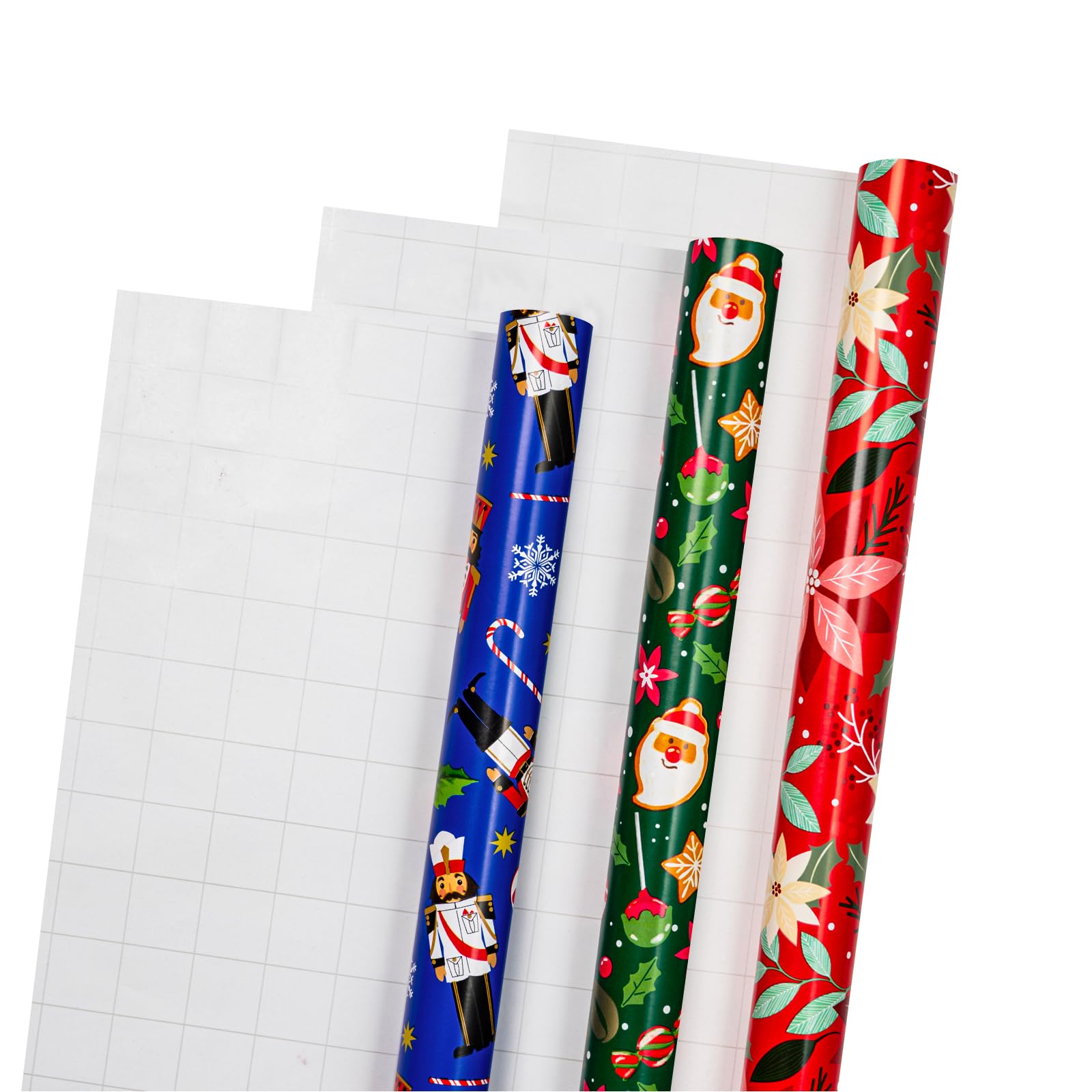 LeZakaa Christmas Wrapping Paper Roll - Min Roll - Nutcracker/Berry Flower/Santa Claus in Blue, Red and Green for Gift Wrap, DIY Craft - 17 x 120 inches - 3 Rolls (42.5 sq.ft.ttl.)