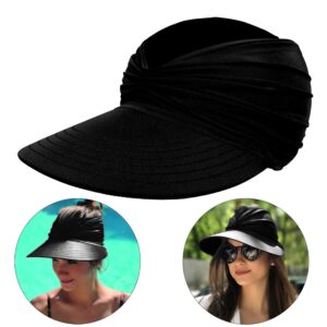 Sun Visor Hat Womens Wide Brim Packable Summer Ponytail Cap UV Protection Beach Sport Cap Black