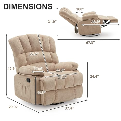 Dreamsir Oversized Rocker Recliner Chair for Adults, 360° Swivel Recliner Chair Ergonomic Chair, Overstuffed Manual Rocking Recliner for Living Room, Theater Seating Single Sofa Chairs(Sandy)