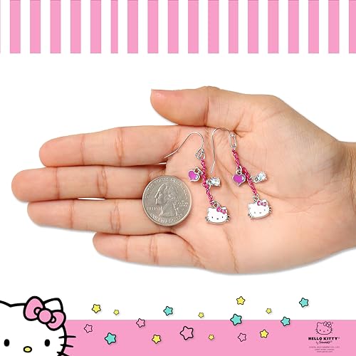 Sanrio Hello Kitty Womens Dangle Earrings Official License - Fashion Jewelry Pink Coated Hello Kitty Earrings with Charms