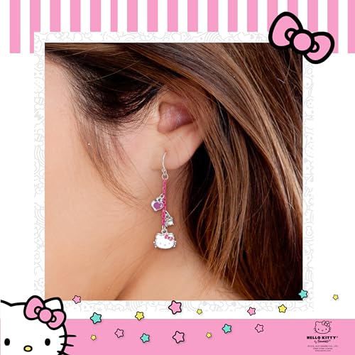 Sanrio Hello Kitty Womens Dangle Earrings Official License - Fashion Jewelry Pink Coated Hello Kitty Earrings with Charms