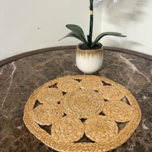 Flower Jute Placemats Set | 100% Natural and Eco-Friendly | Soft & Durable | Round 13" x 13" | Dining Room Table Mat in Natural Jute Color | No Artificial Color (6)