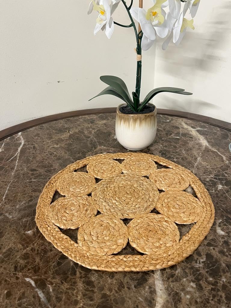 Flower Jute Placemats Set | 100% Natural and Eco-Friendly | Soft & Durable | Round 13" x 13" | Dining Room Table Mat in Natural Jute Color | No Artificial Color (6)