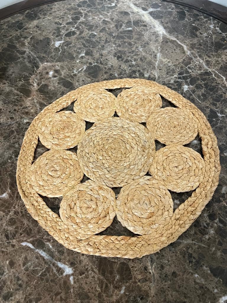 Flower Jute Placemats Set | 100% Natural and Eco-Friendly | Soft & Durable | Round 13" x 13" | Dining Room Table Mat in Natural Jute Color | No Artificial Color (6)