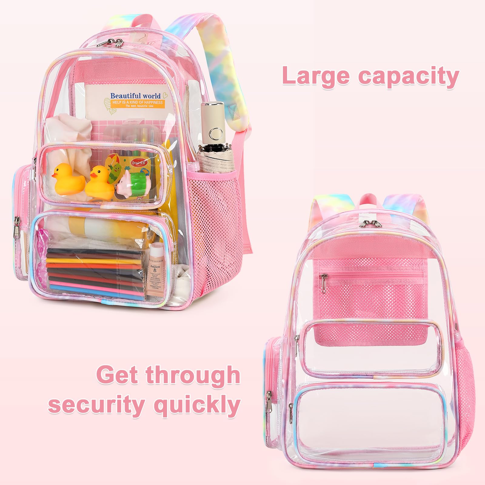 CAMTOP Clear Backpack Heavy Duty PVC Transparent Bag See Through BookBag for Student School Work Festival Sport Travel(Pink Yellow)